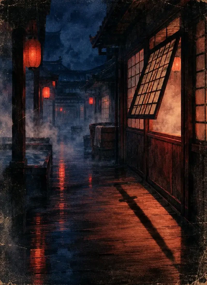 《斜窗剑影》封面：老澡堂巷半开纸窗与投在地上的剑影