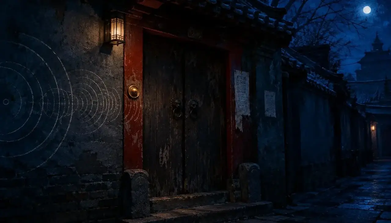 第七下门铃 谜案配图:夜蓝胡同的旧院门与黄铜门铃,墙上有叠音草图