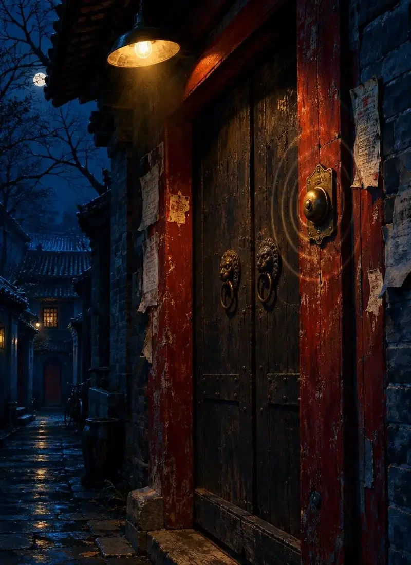 《三号院第七通铃》封面：夜蓝胡同里的老木门与黄铜门铃