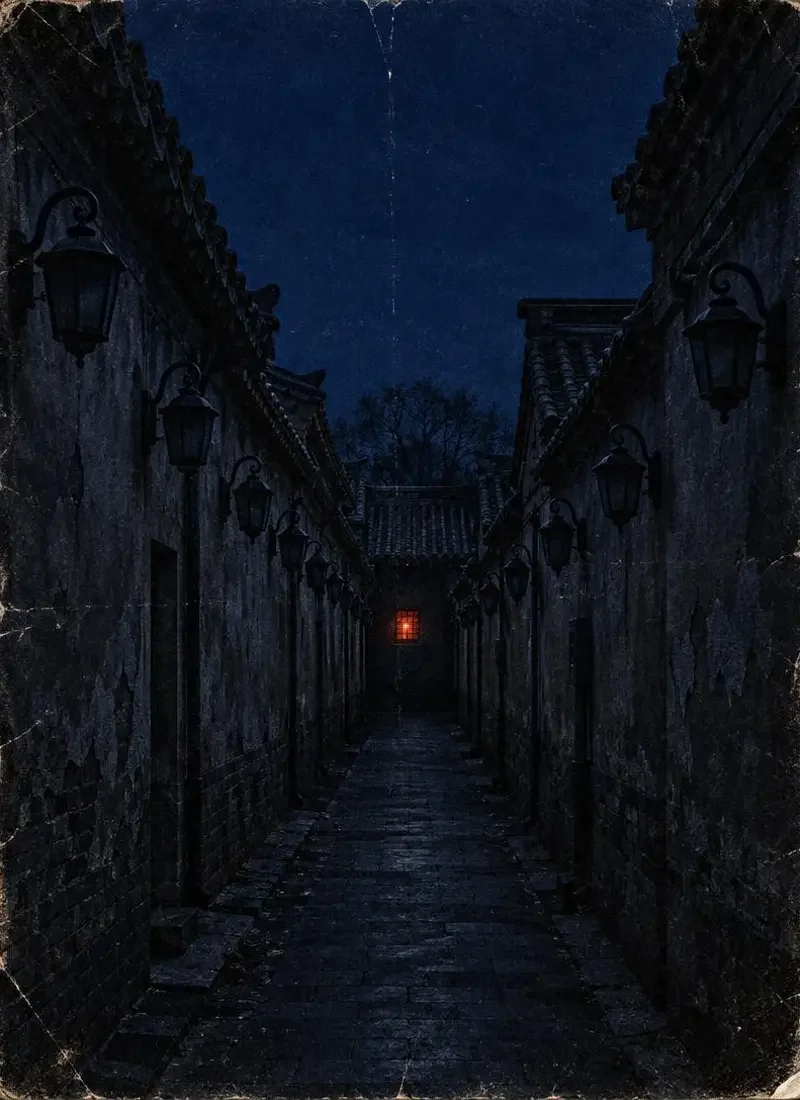 《熄灭的十五盏灯》封面：夜蓝胡同十五盏熄灭的壁灯与尽头唯一亮着的窗