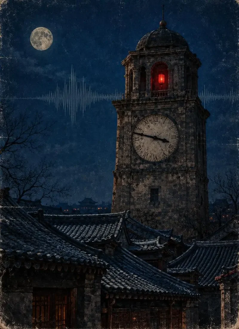 《钟楼最后一分钟》封面：夜蓝屋顶上的石钟楼与停在三点四十七分的钟面