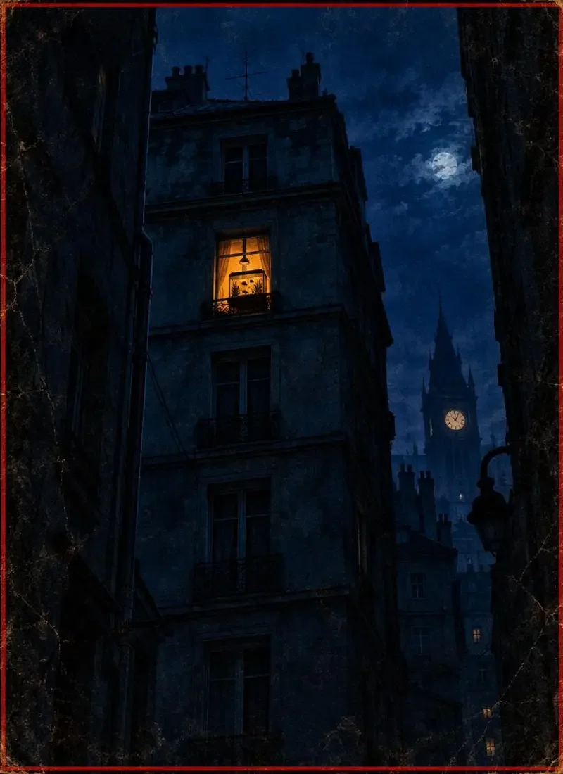 《悬窗里的第四盏灯》封面：夜蓝旧楼一扇亮着琥珀灯的窗与鱼缸剪影
